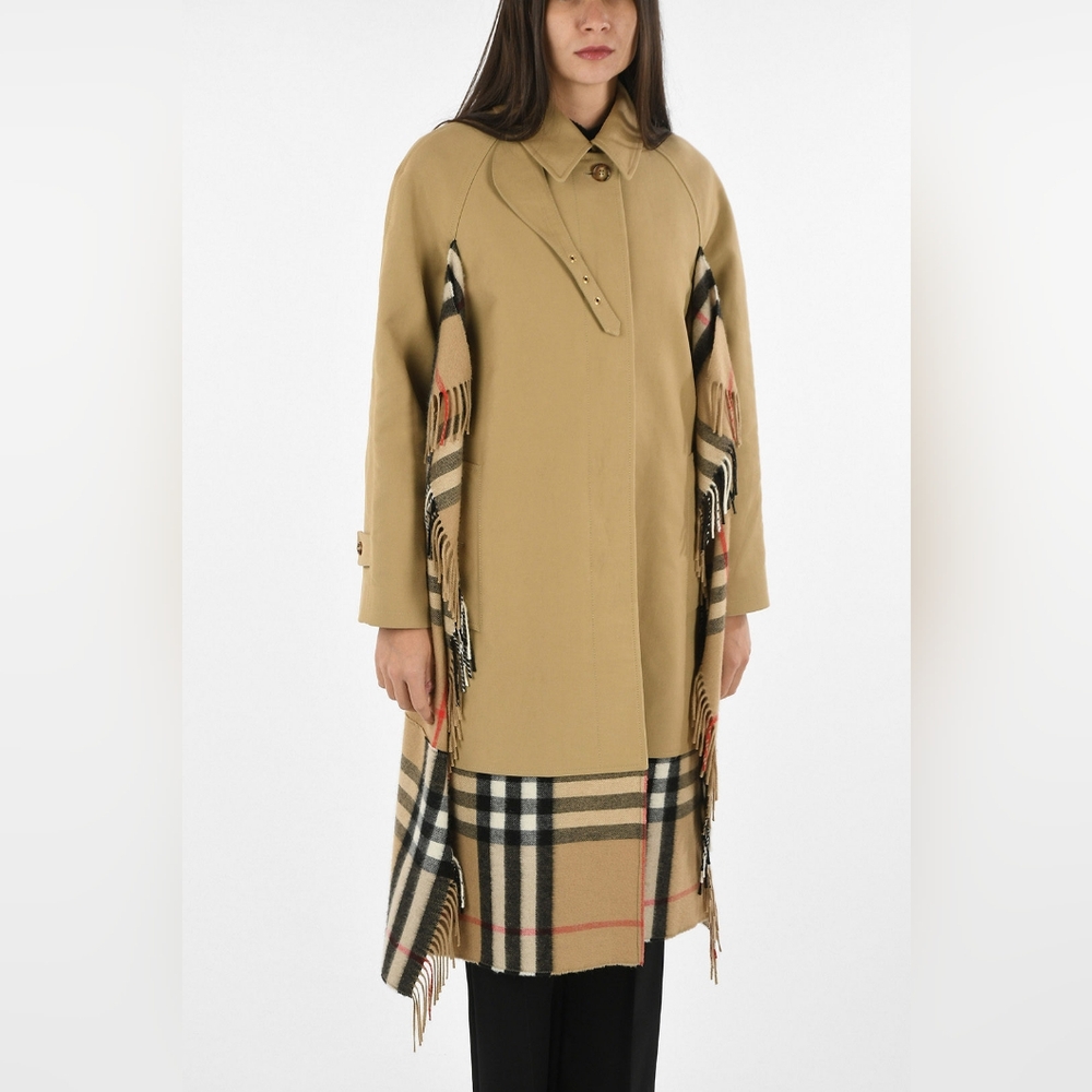 BURBERRY HONEY COTTON GABARDINE CAR COAT TRENCH WITH CASHMERE CHECK SCARF DETAIL - Picture 2 of 14